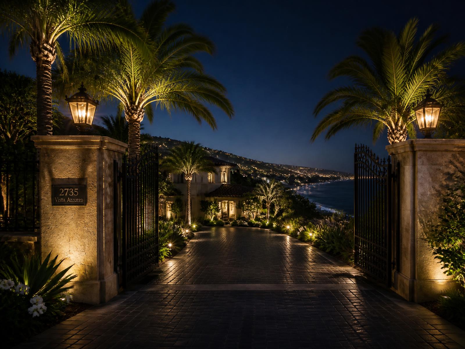 Gated coastal estate entrance in Orange County at night